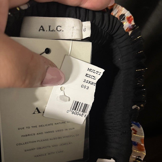 NWT A.L.C. Silk Metallic Pleated Skirt – Black Abstract Print – Women’s Size 8