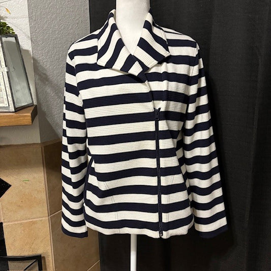 Talbots Women’s Striped Zip-Up Blazer – Navy & White Nautical Jacket Size L