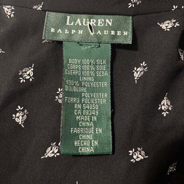 Lauren Ralph Lauren Black Silk Button-Up Dress with White Floral Print – Approx. Size 4/6