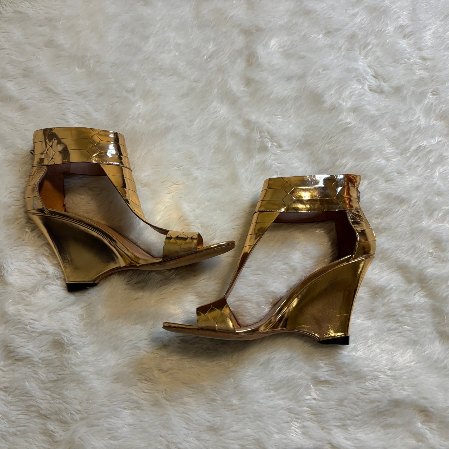 Sigerson Morrison Metallic Gold Wedge Sandals with Ankle Strap, Size 8