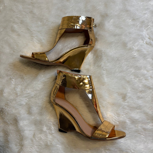 Sigerson Morrison Metallic Gold Wedge Sandals with Ankle Strap, Size 8