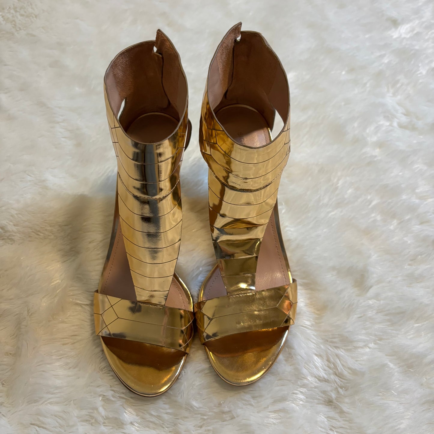 Sigerson Morrison Metallic Gold Wedge Sandals with Ankle Strap, Size 8