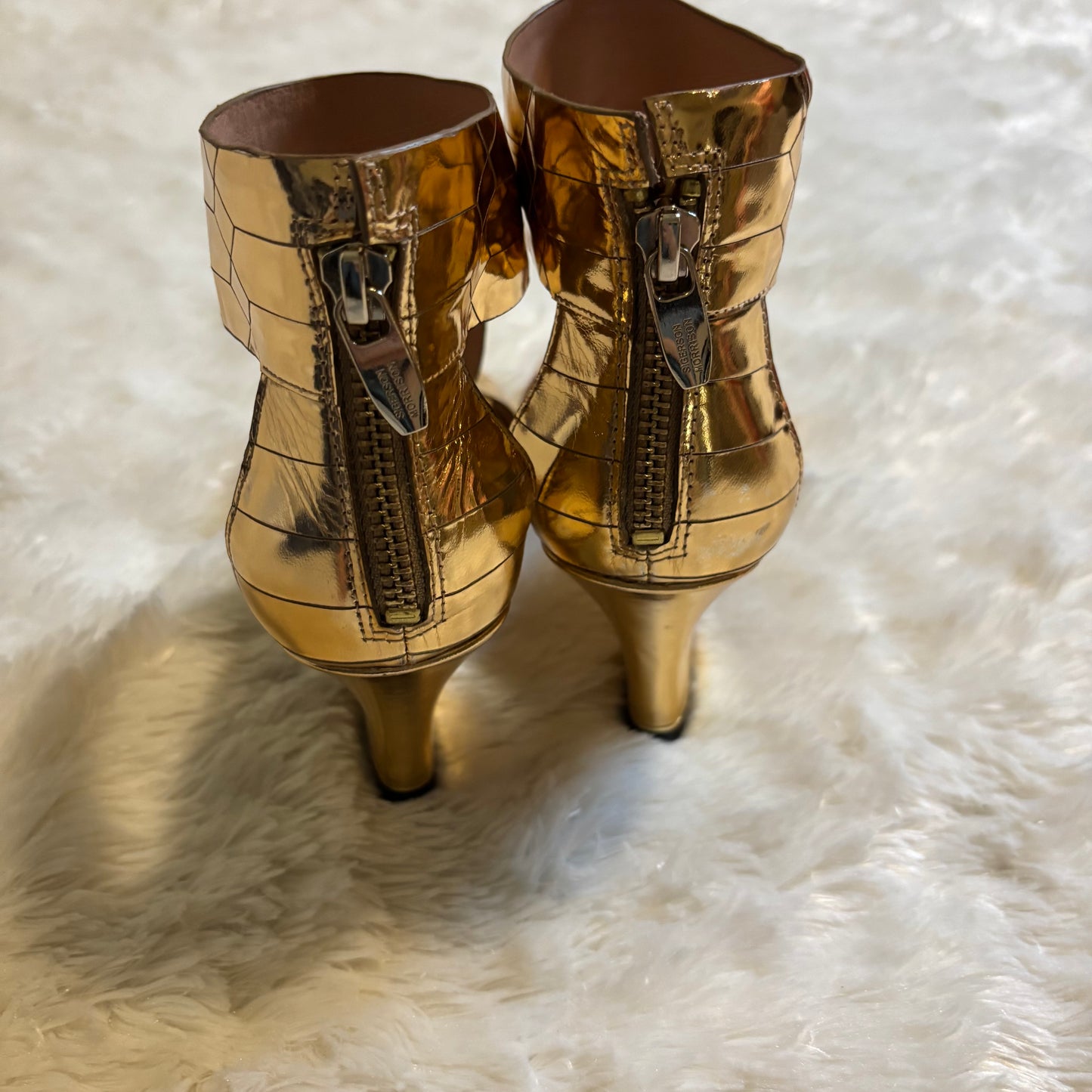 Sigerson Morrison Metallic Gold Wedge Sandals with Ankle Strap, Size 8