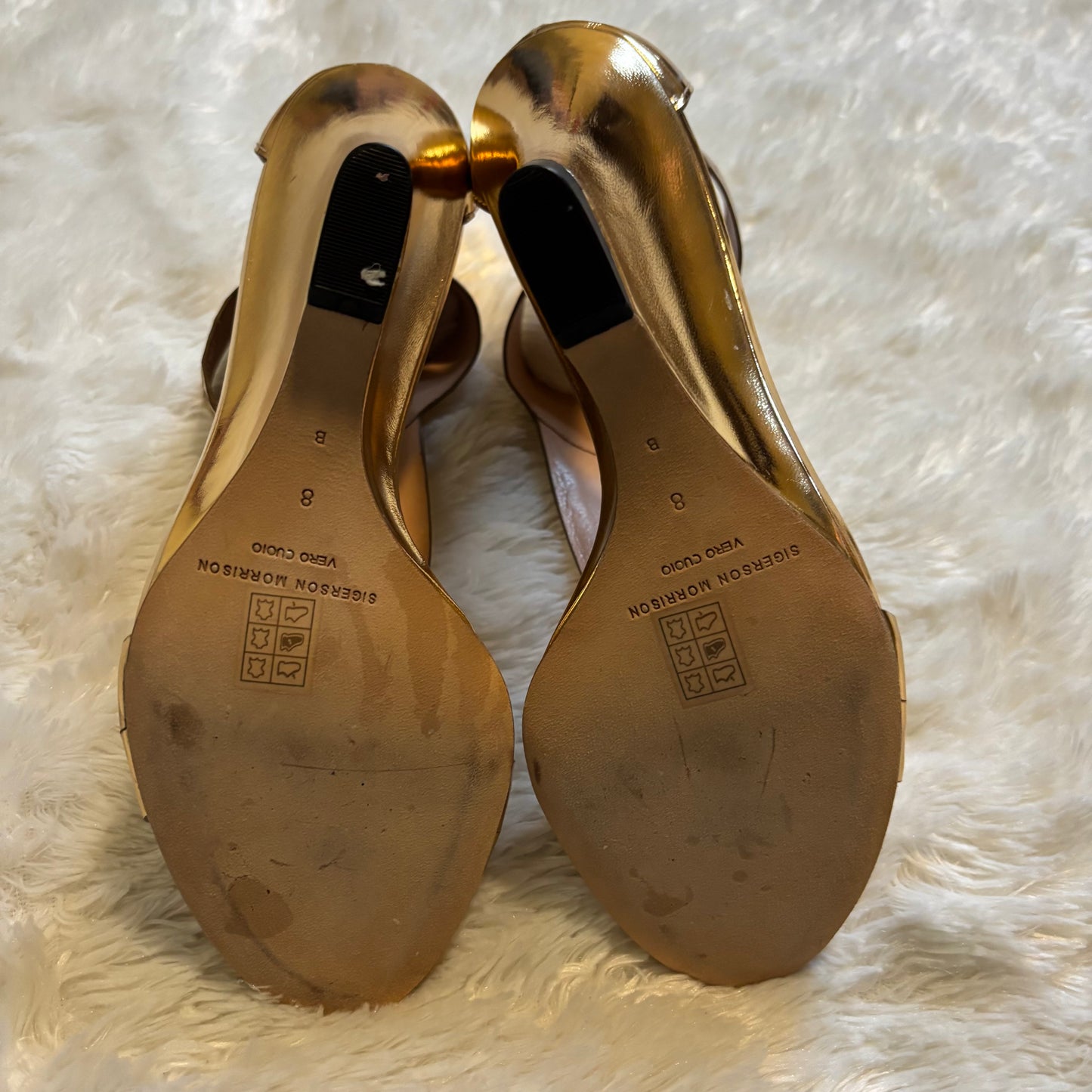 Sigerson Morrison Metallic Gold Wedge Sandals with Ankle Strap, Size 8