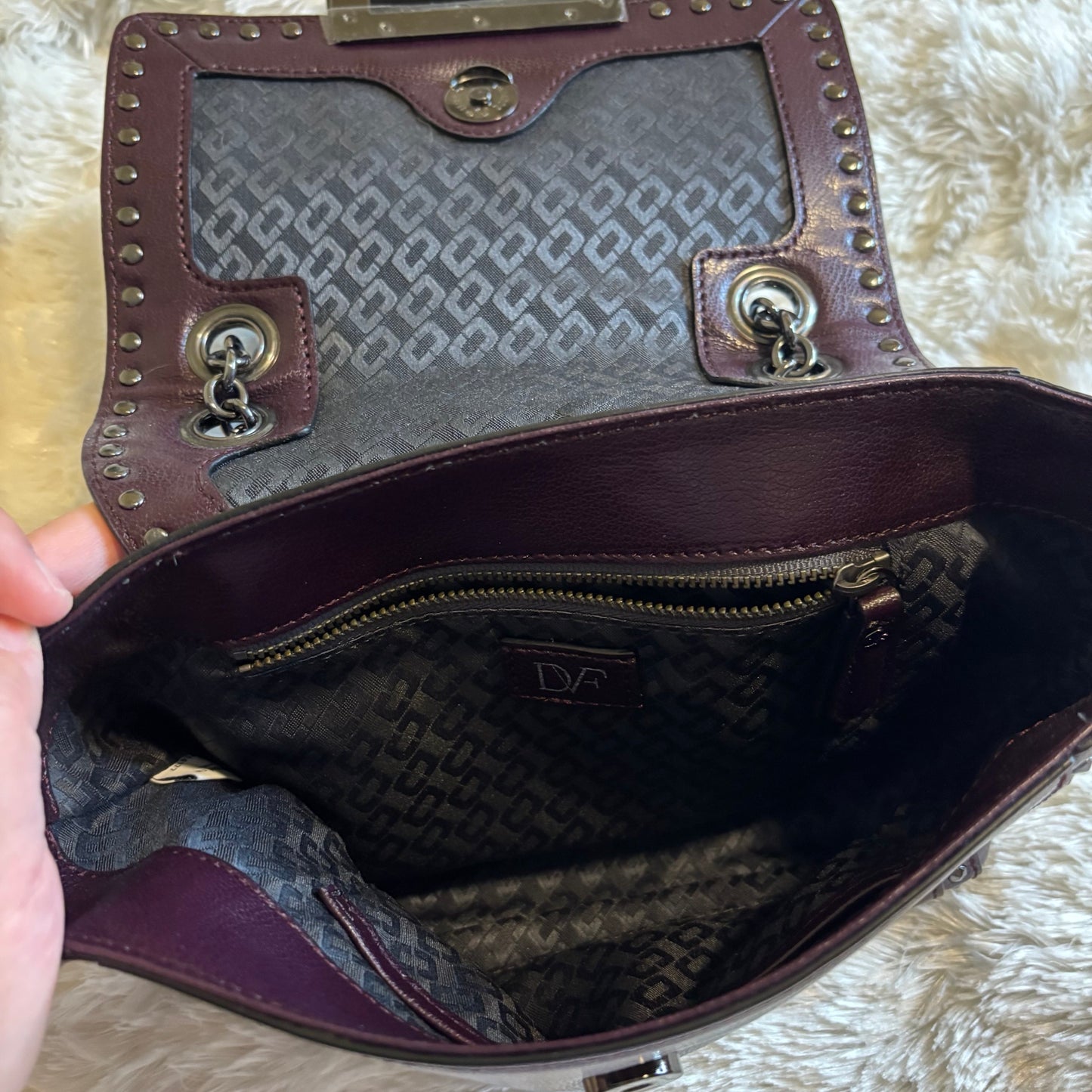 Diane von Furstenberg DVF Studded Leather Shoulder Bag with Chain Strap – Purple