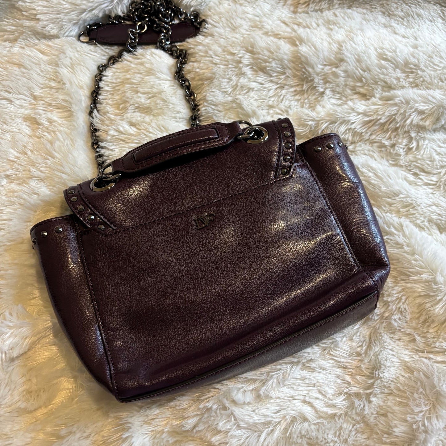 Diane von Furstenberg DVF Studded Leather Shoulder Bag with Chain Strap – Purple