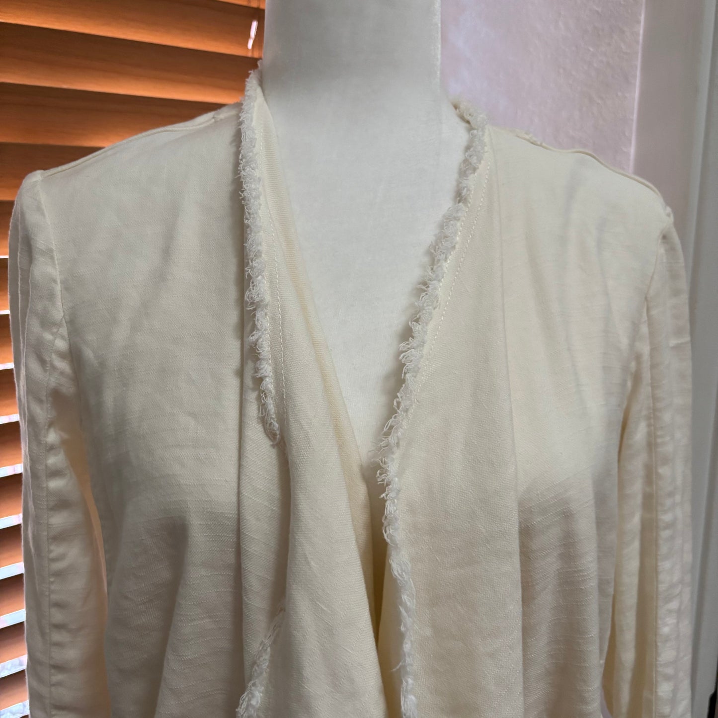Free People Linen Blend Draped Open Front Jacket – Raw Hem – Size Small