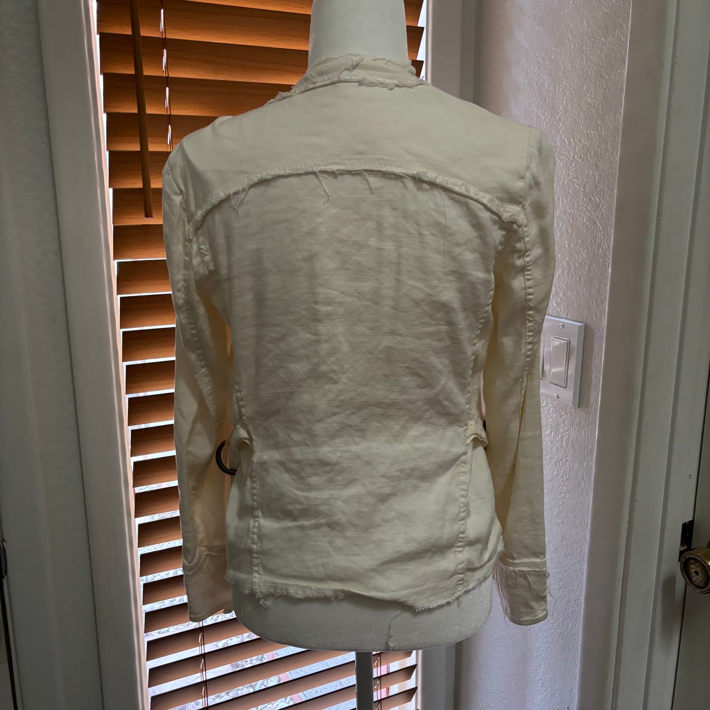 Free People Linen Blend Draped Open Front Jacket – Raw Hem – Size Small