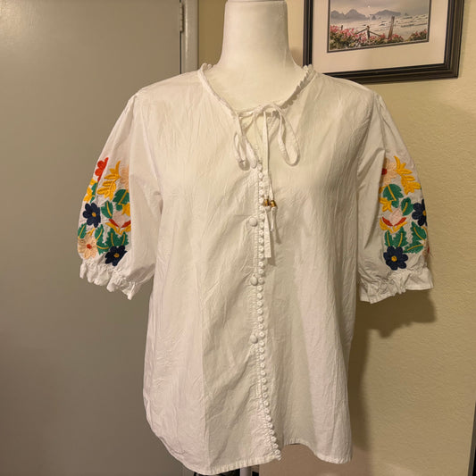 White Button-Down Shirt with Embroidered Floral Sleeves – Size Large