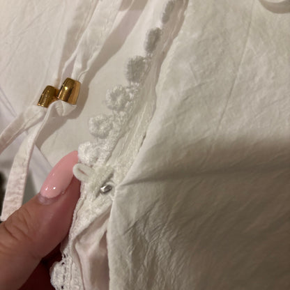 White Button-Down Shirt with Embroidered Floral Sleeves – Size Large