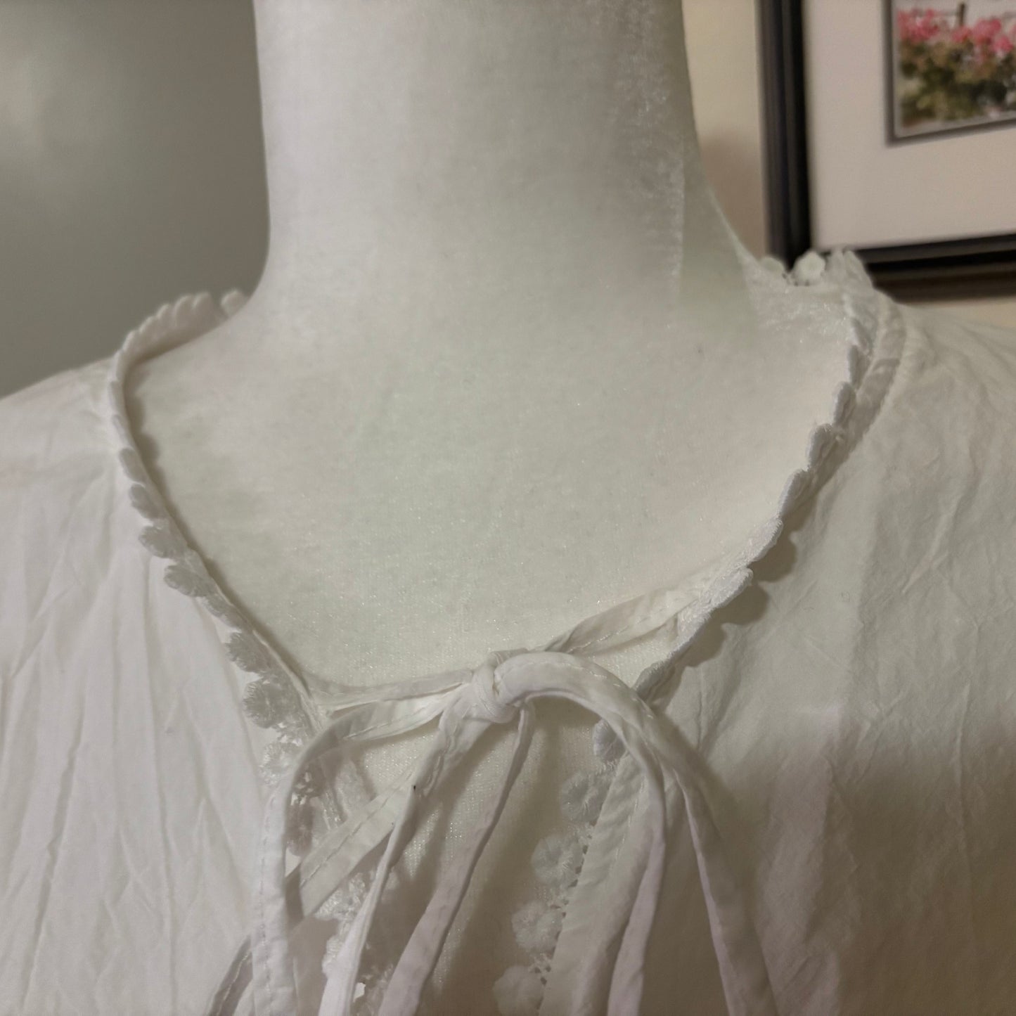 White Button-Down Shirt with Embroidered Floral Sleeves – Size Large