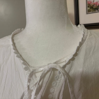 White Button-Down Shirt with Embroidered Floral Sleeves – Size Large