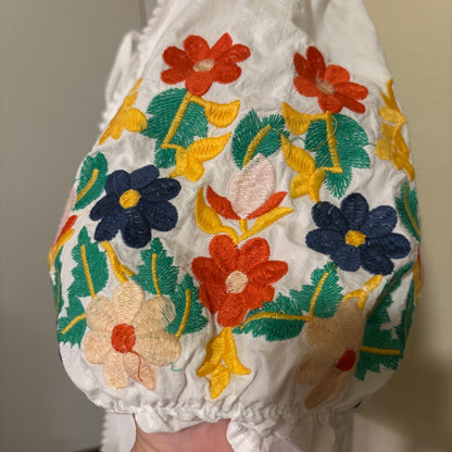 White Button-Down Shirt with Embroidered Floral Sleeves – Size Large