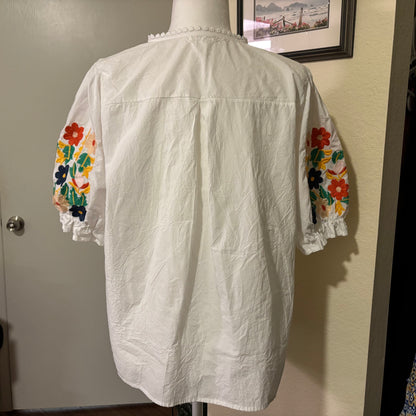 White Button-Down Shirt with Embroidered Floral Sleeves – Size Large