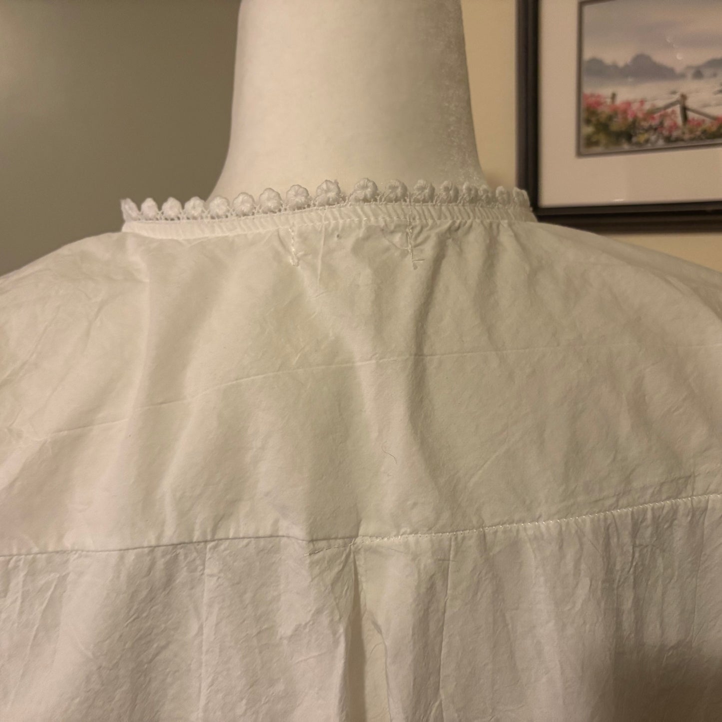 White Button-Down Shirt with Embroidered Floral Sleeves – Size Large