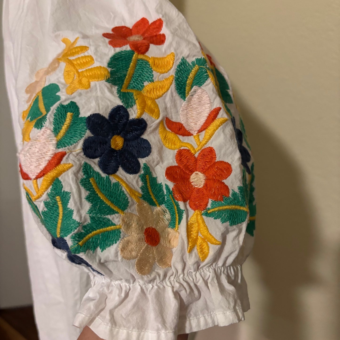 White Button-Down Shirt with Embroidered Floral Sleeves – Size Large
