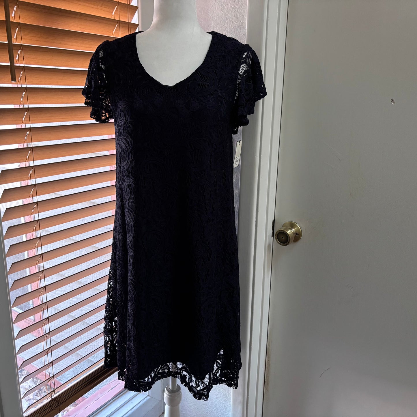 Dana Buchman Navy Blue Floral Lace Overlay Dress – Short Sleeve, Size Small