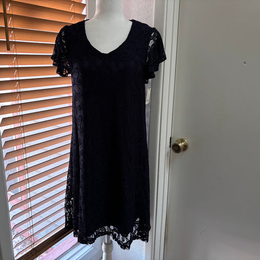 Dana Buchman Navy Blue Floral Lace Overlay Dress – Short Sleeve, Size Small