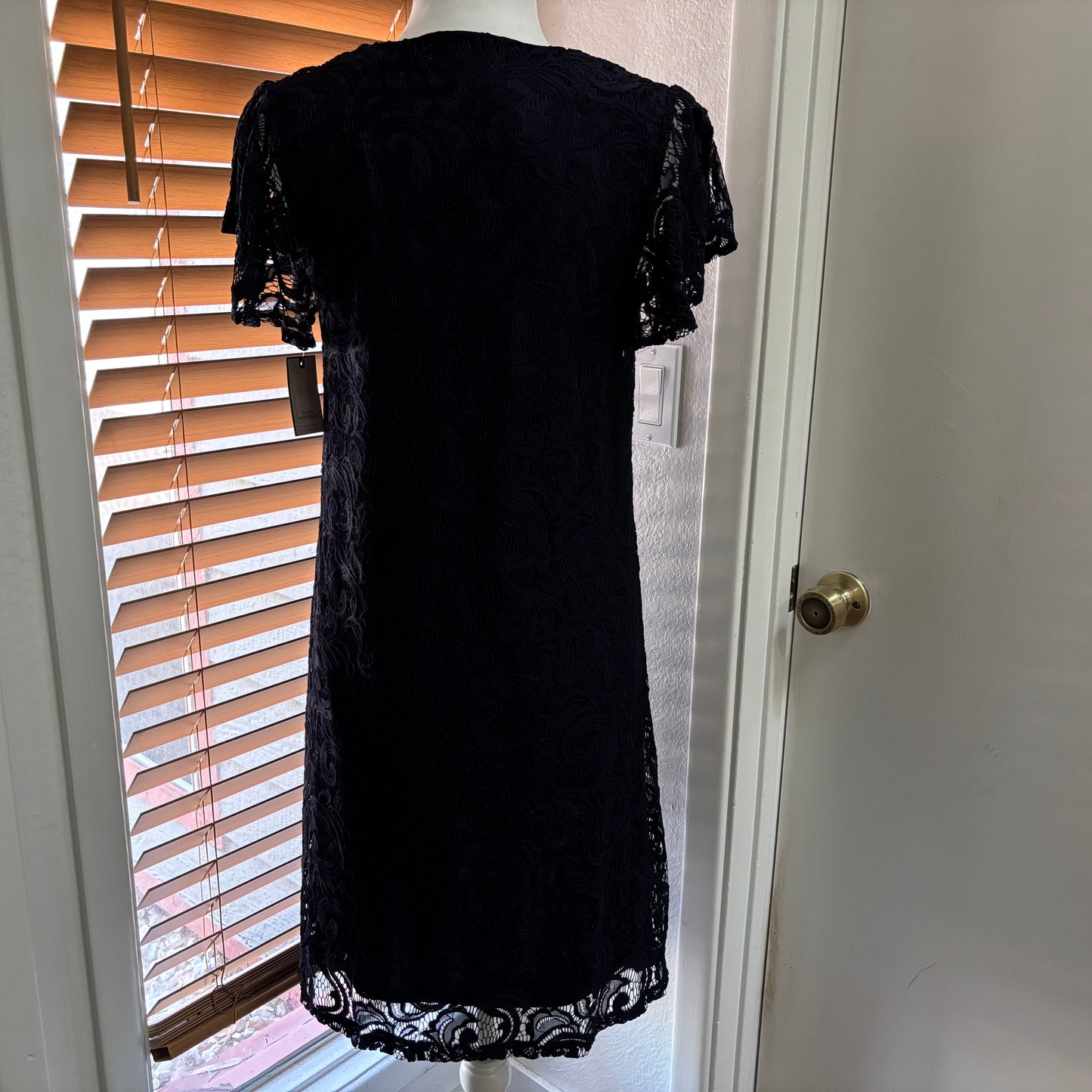 Dana Buchman Navy Blue Floral Lace Overlay Dress – Short Sleeve, Size Small