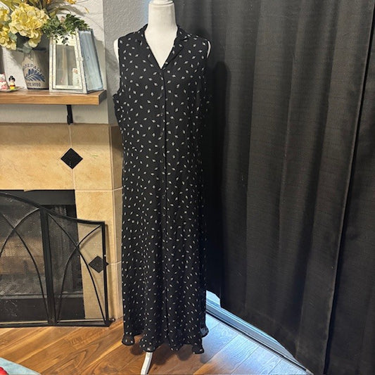 Lauren Ralph Lauren Black Silk Button-Up Dress with White Floral Print – Approx. Size 4/6